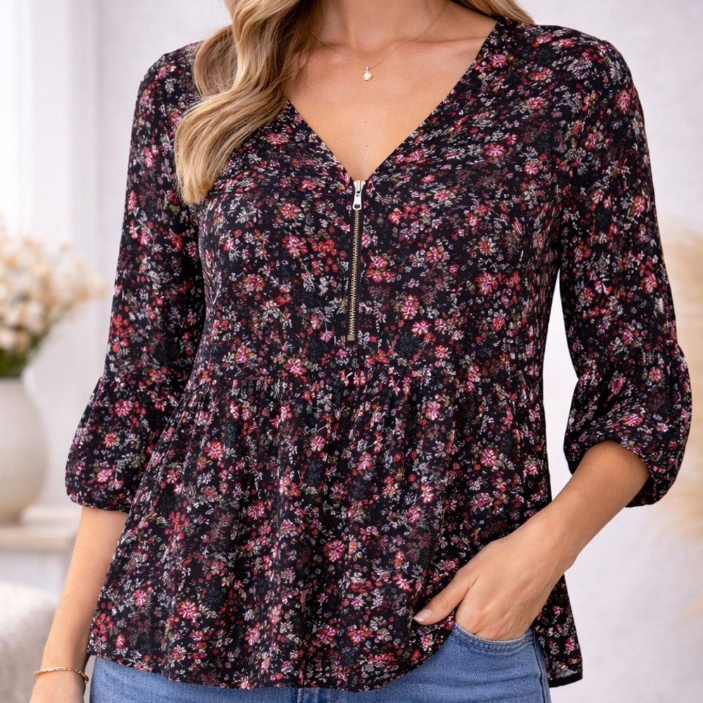 Torrid Floral Babydoll Stretch Zip Front Tunic‎ Top Size 2